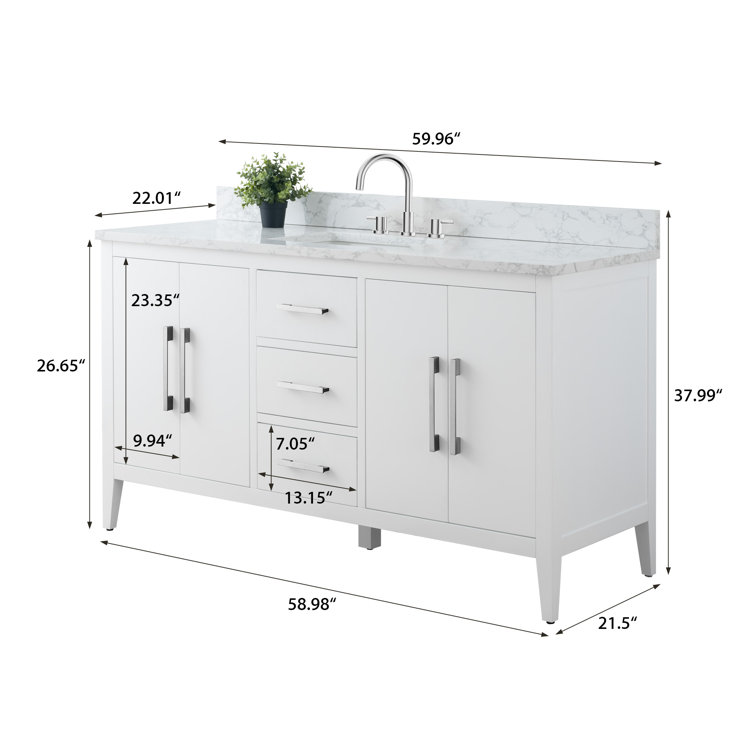 60'' White MDF Freestanding Bathroom Vanity with Engineered Marble Top
