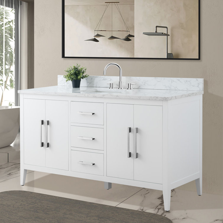 60'' White MDF Freestanding Bathroom Vanity with Engineered Marble Top