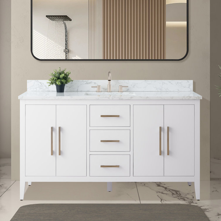60'' White MDF Freestanding Bathroom Vanity with Engineered Marble Top