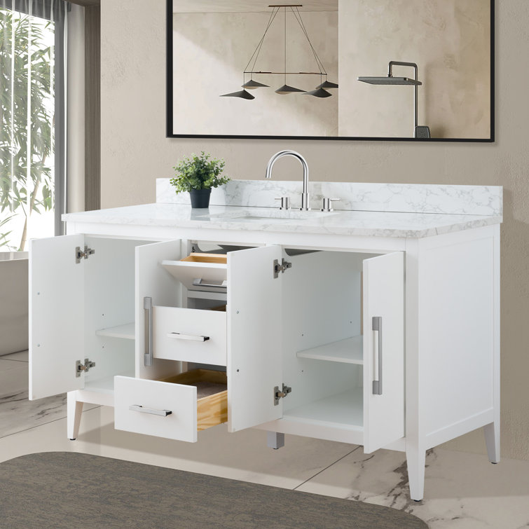 60'' White MDF Freestanding Bathroom Vanity with Engineered Marble Top