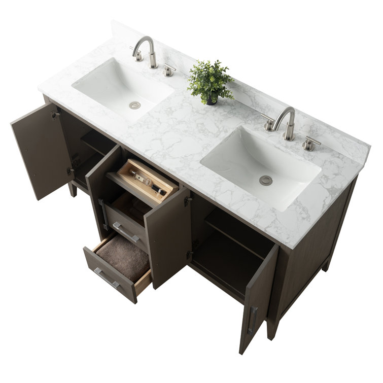 60" Driftwood Gray MDF Double Sink Freestanding Vanity with White Marble Top