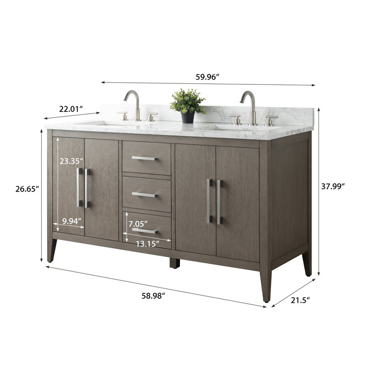 60" Driftwood Gray MDF Double Sink Freestanding Vanity with White Marble Top