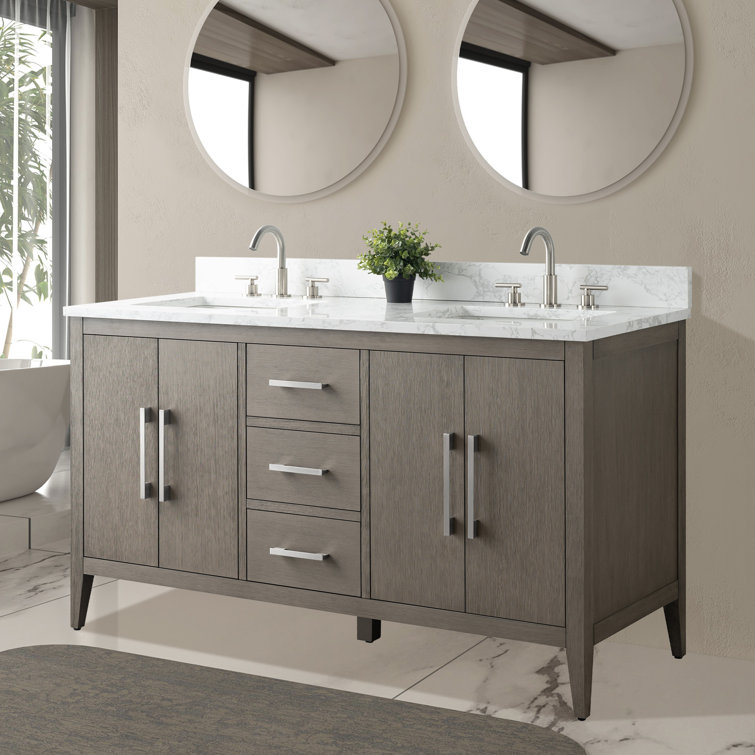 60" Driftwood Gray MDF Double Sink Freestanding Vanity with White Marble Top