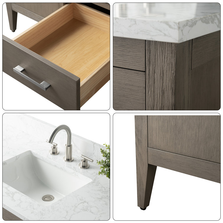 60" Driftwood Gray MDF Double Sink Freestanding Vanity with White Marble Top