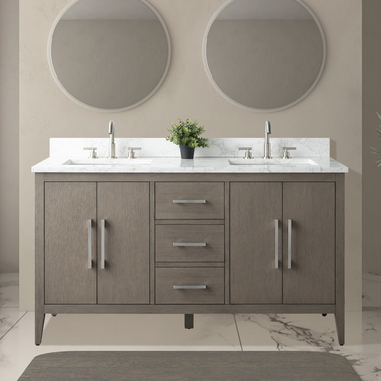 60" Driftwood Gray MDF Double Sink Freestanding Vanity with White Marble Top