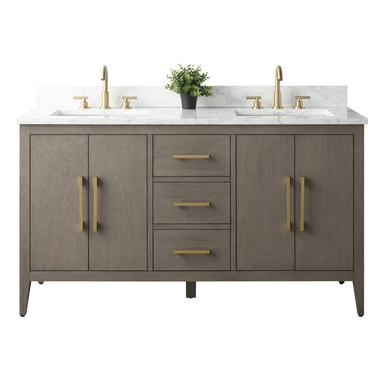 60" Driftwood Gray Double Sink Bathroom Vanity with Marble Countertop