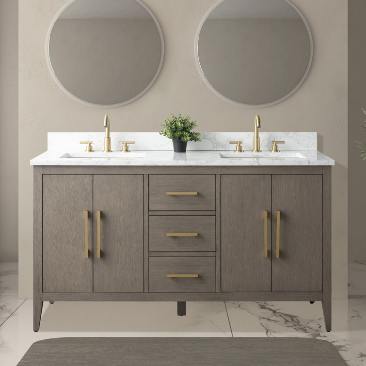 60" Driftwood Gray Double Sink Bathroom Vanity with Marble Countertop