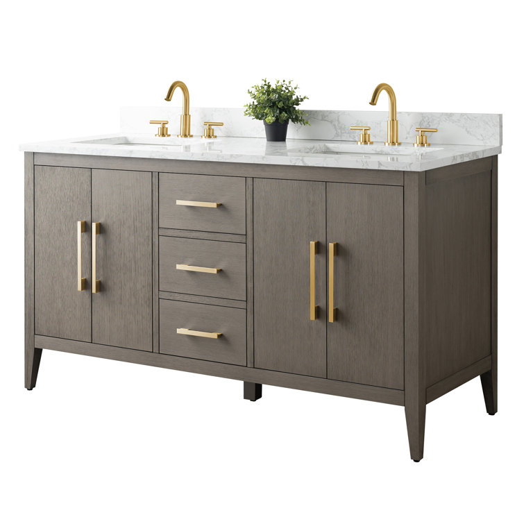60" Driftwood Gray Double Sink Bathroom Vanity with Marble Countertop