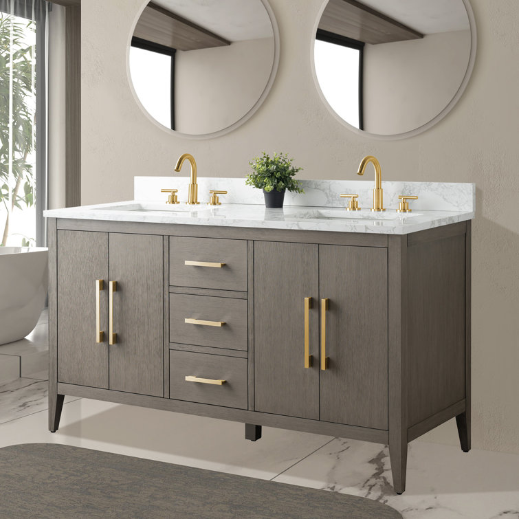 60" Driftwood Gray Double Sink Bathroom Vanity with Marble Countertop
