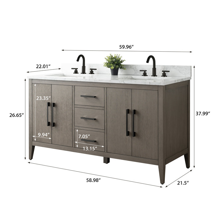 Driftwood Gray 60" Double Sink Bathroom Vanity with Marble Countertop