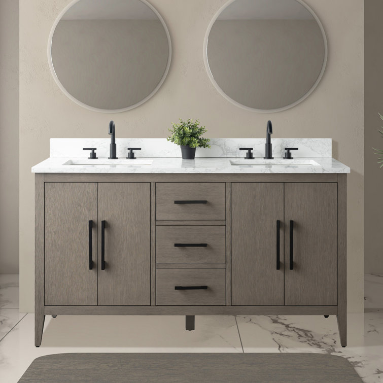 Driftwood Gray 60" Double Sink Bathroom Vanity with Marble Countertop