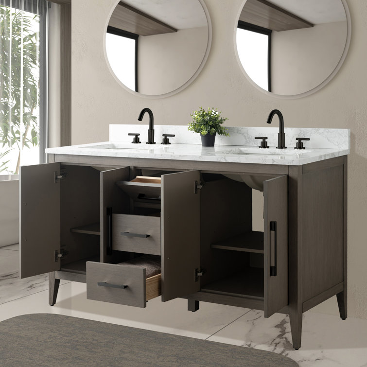 Driftwood Gray 60" Double Sink Bathroom Vanity with Marble Countertop