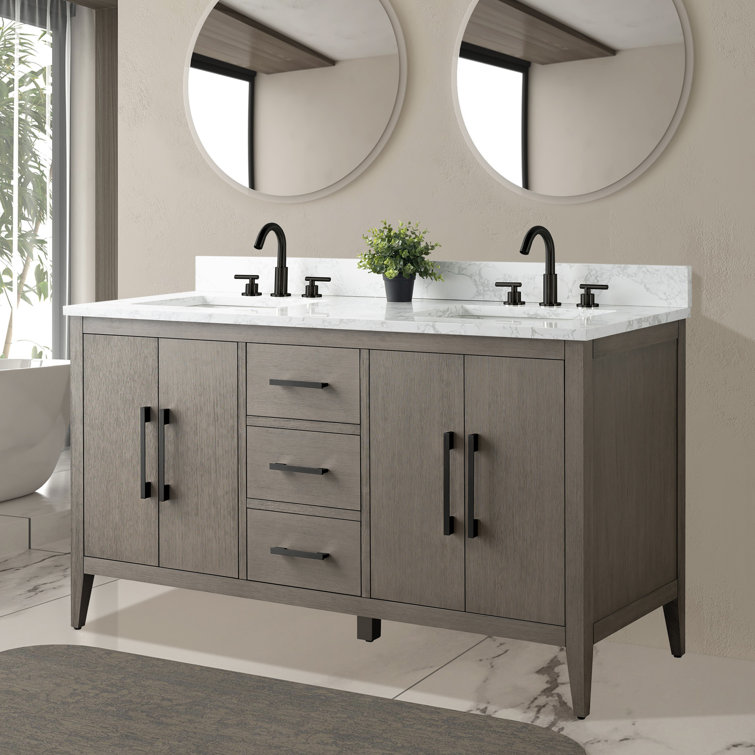 Driftwood Gray 60" Double Sink Bathroom Vanity with Marble Countertop