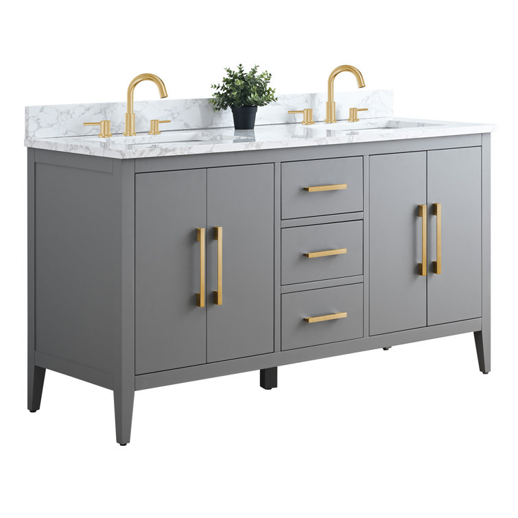 60" Cashmere Gray Double Sink Vanity with Gold Hardware and Marble Top