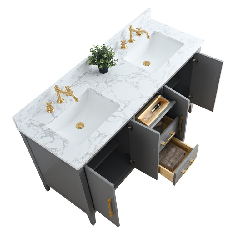 60" Cashmere Gray Double Sink Vanity with Gold Hardware and Marble Top