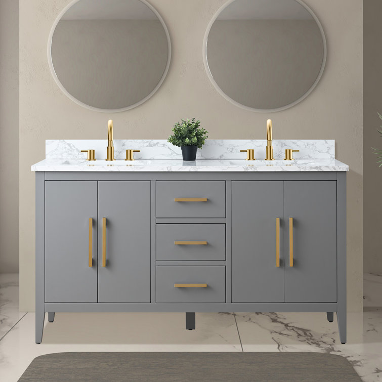60" Cashmere Gray Double Sink Vanity with Gold Hardware and Marble Top