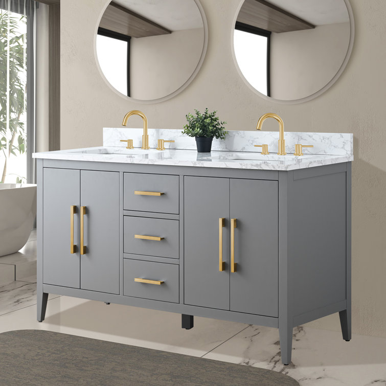 60" Cashmere Gray Double Sink Vanity with Gold Hardware and Marble Top