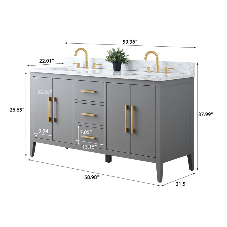 60" Cashmere Gray Double Sink Vanity with Gold Hardware and Marble Top
