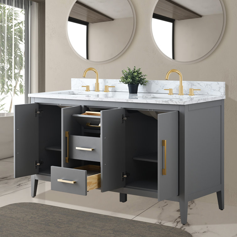60" Cashmere Gray Double Sink Vanity with Gold Hardware and Marble Top
