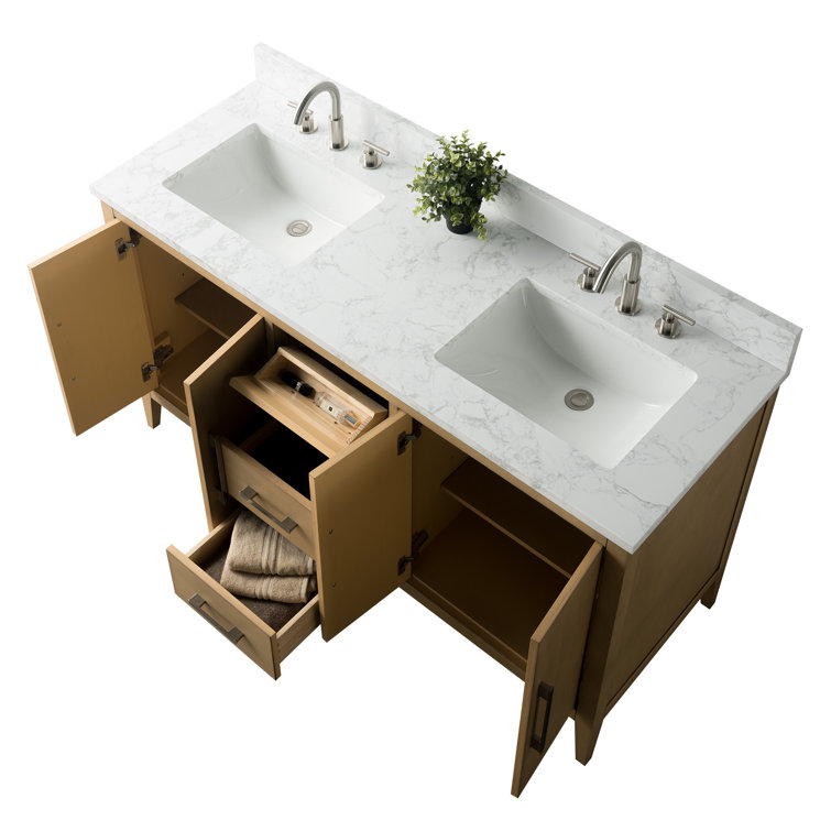 60" Natural Oak Double Sink Freestanding Bathroom Vanity with Engineered Marble Top