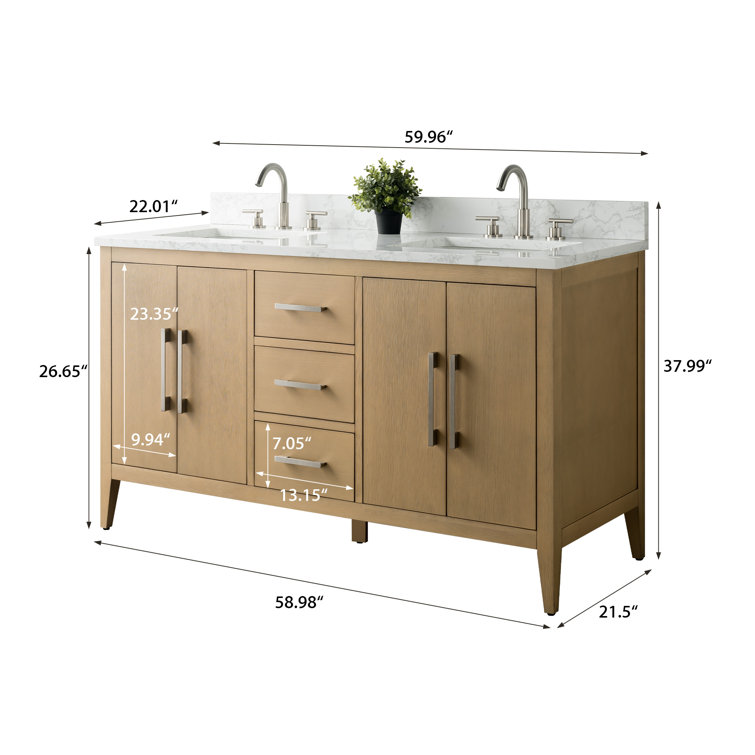 60" Natural Oak Double Sink Freestanding Bathroom Vanity with Engineered Marble Top