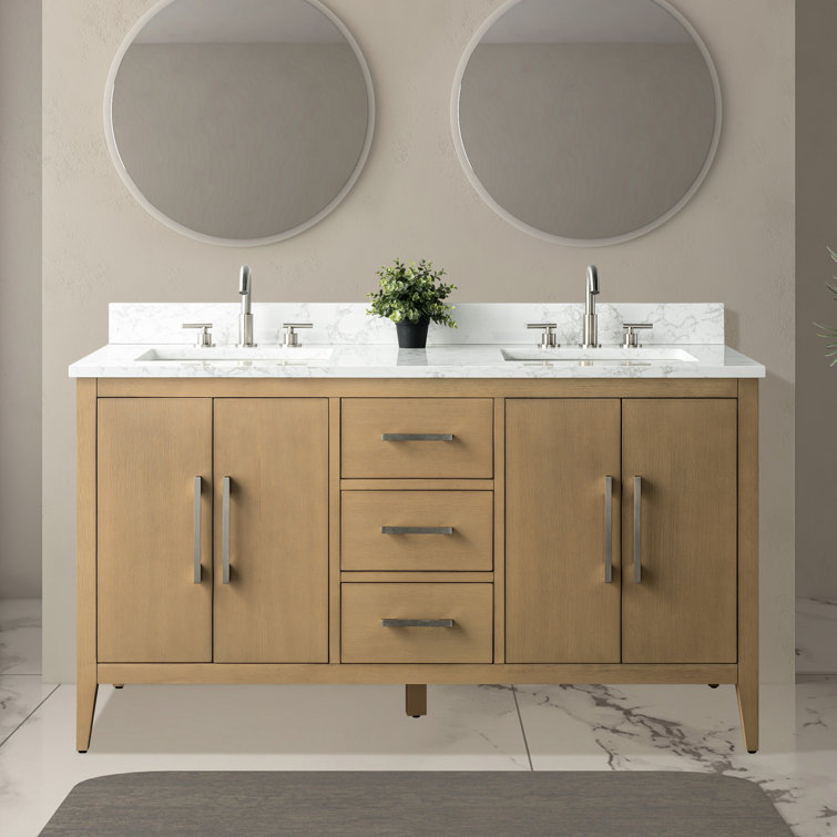 60" Natural Oak Double Sink Freestanding Bathroom Vanity with Engineered Marble Top