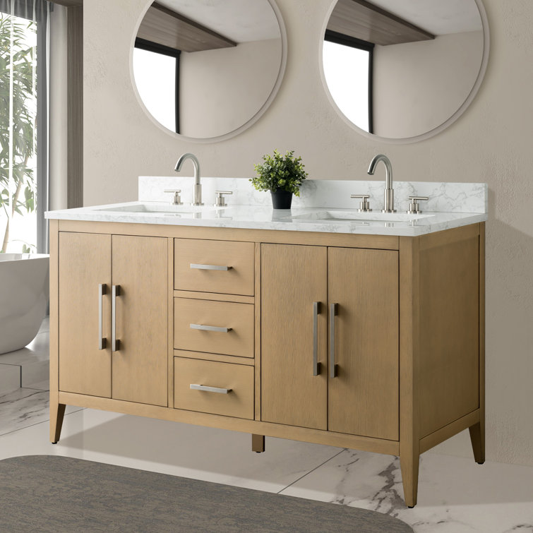 60" Natural Oak Double Sink Freestanding Bathroom Vanity with Engineered Marble Top