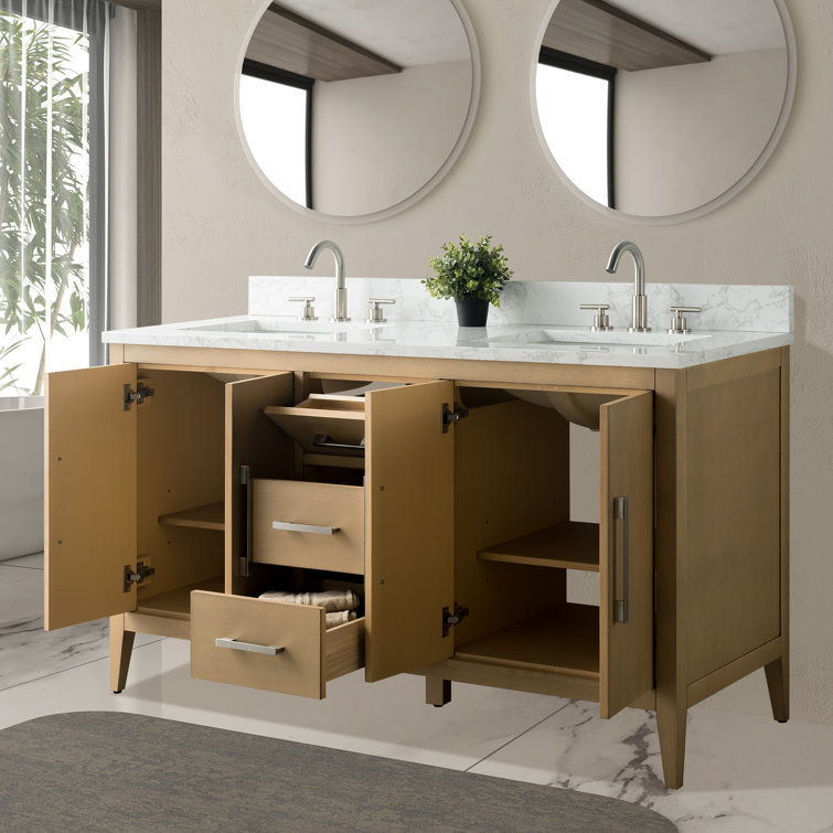 60" Natural Oak Double Sink Freestanding Bathroom Vanity with Engineered Marble Top