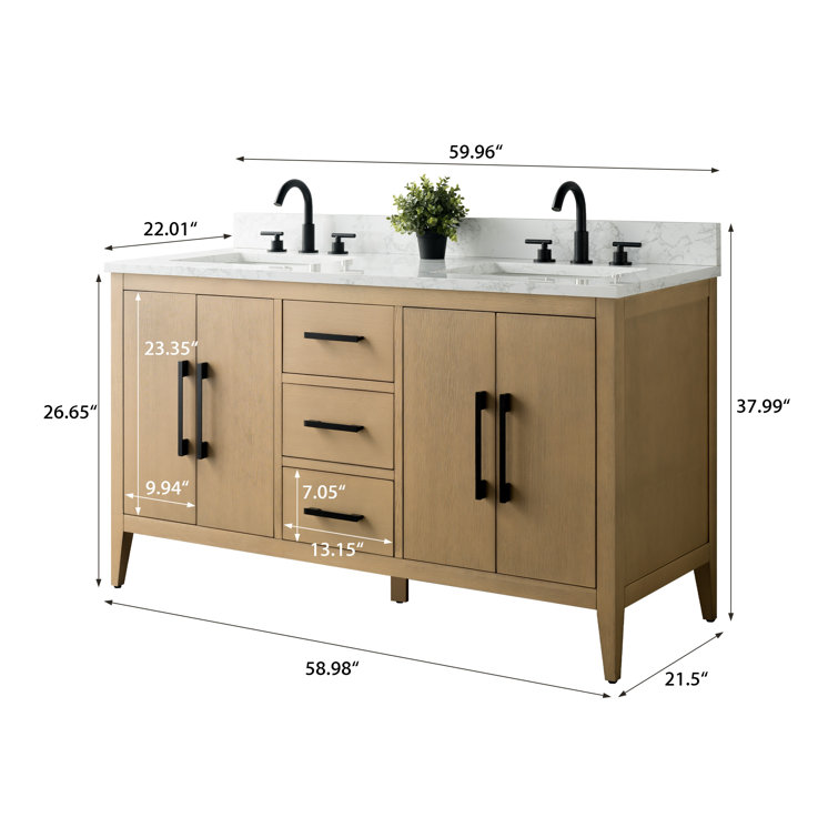 60" Natural Oak Double Sink Bathroom Vanity with Marble Top