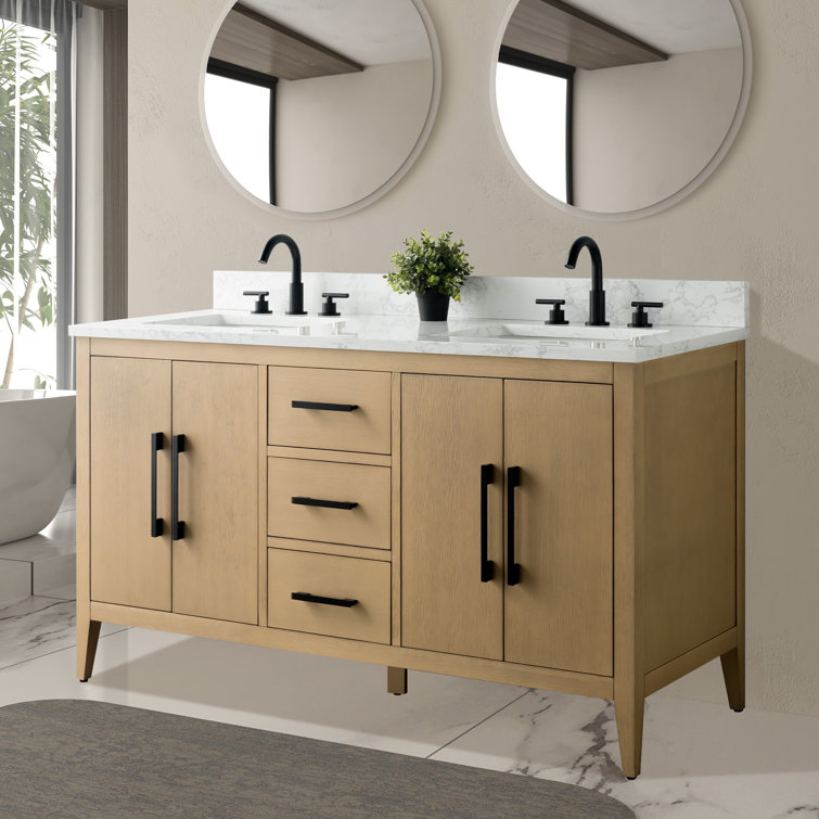 60" Natural Oak Double Sink Bathroom Vanity with Marble Top