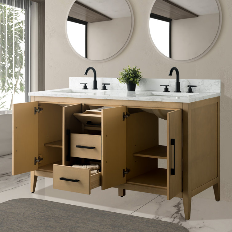 60" Natural Oak Double Sink Bathroom Vanity with Marble Top
