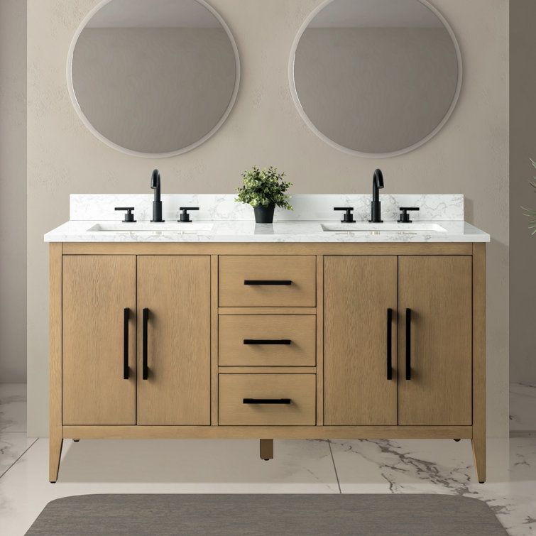 60" Natural Oak Double Sink Bathroom Vanity with Marble Top
