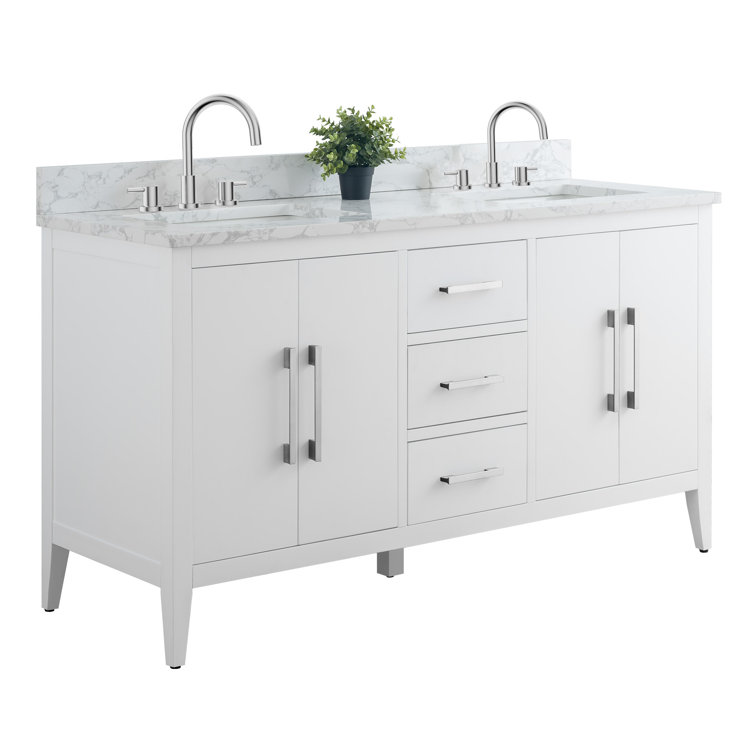 60" White Double Sink Bathroom Vanity with Marble Top