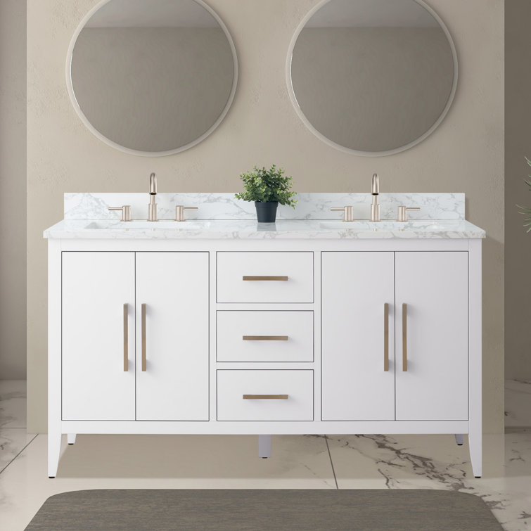 60" White Double Sink Bathroom Vanity with Marble Top