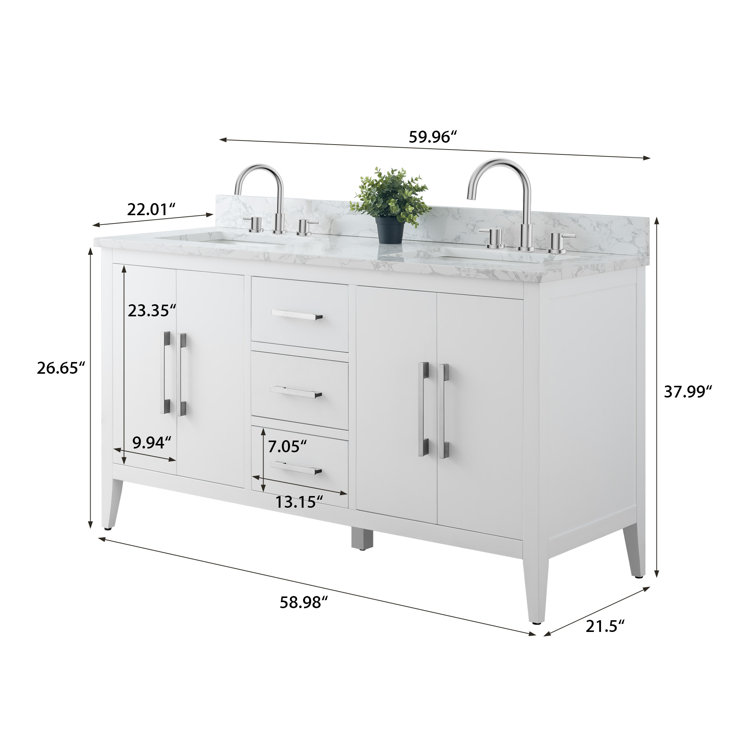 60" White Double Sink Bathroom Vanity with Marble Top