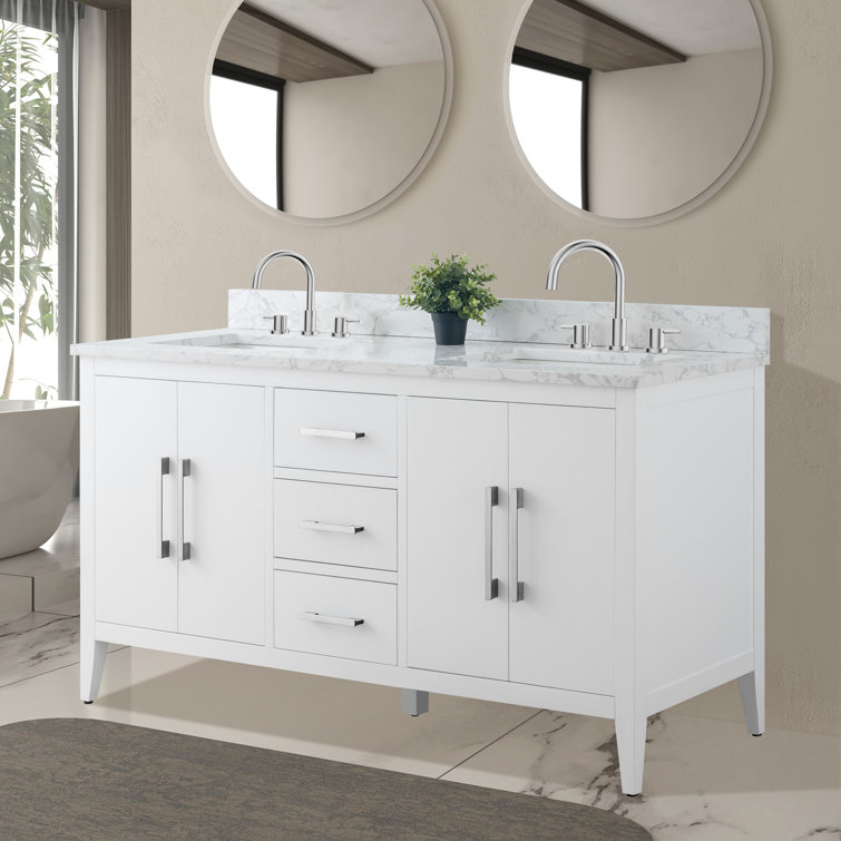 60" White Double Sink Bathroom Vanity with Marble Top
