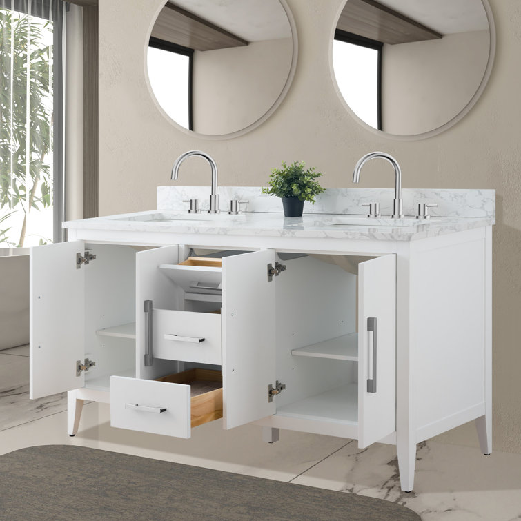 60" White Double Sink Bathroom Vanity with Marble Top