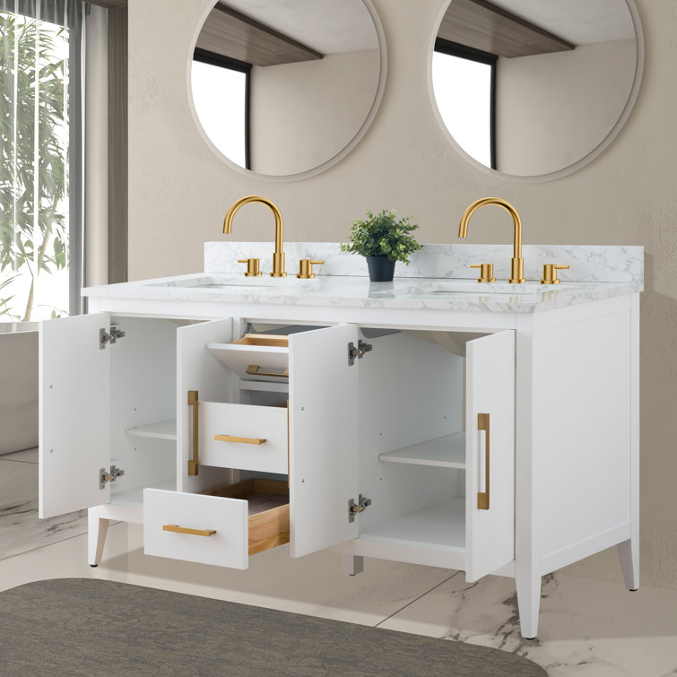 60" White Double Sink Bathroom Vanity with Gold Hardware
