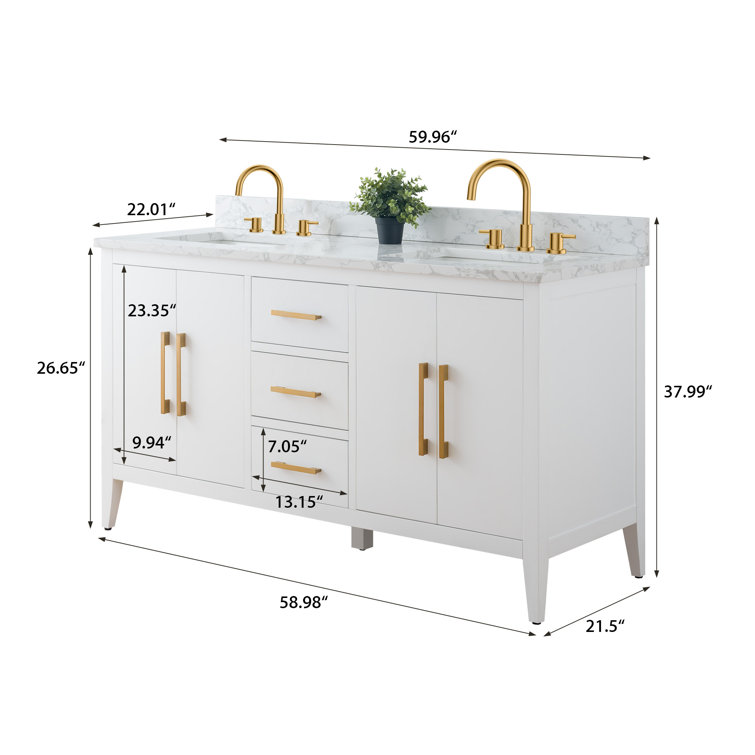 60" White Double Sink Bathroom Vanity with Gold Hardware