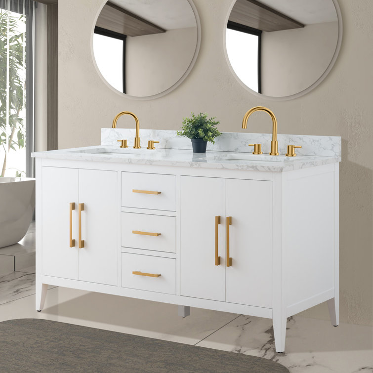 60" White Double Sink Bathroom Vanity with Gold Hardware