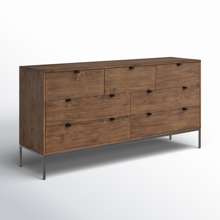 Mid-Century Modern Black 7-Drawer Dresser with Leather Pulls