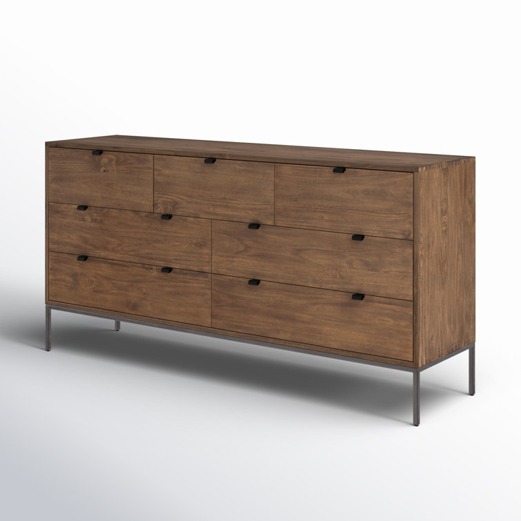Mid-Century Modern Black 7-Drawer Dresser with Leather Pulls