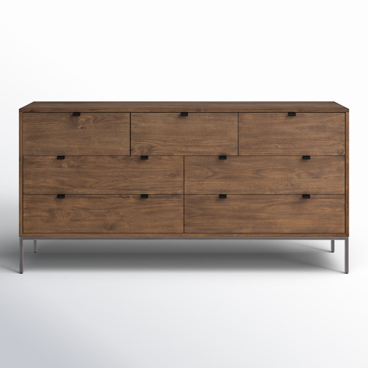 Mid-Century Modern Black 7-Drawer Dresser with Leather Pulls