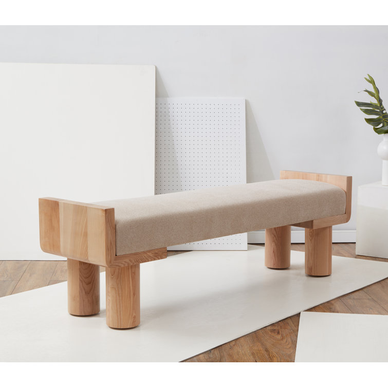 Tan Boucle Upholstered Ashwood and Pinewood Bench