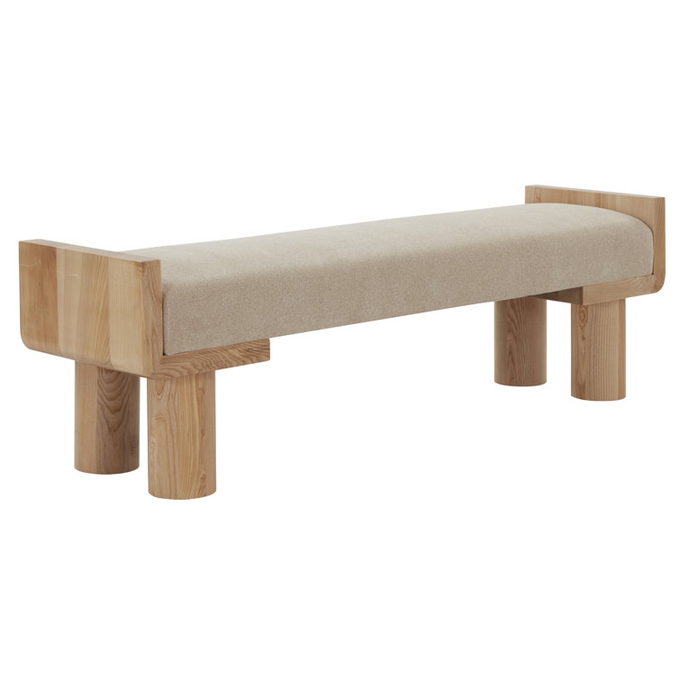 Tan Boucle Upholstered Ashwood and Pinewood Bench