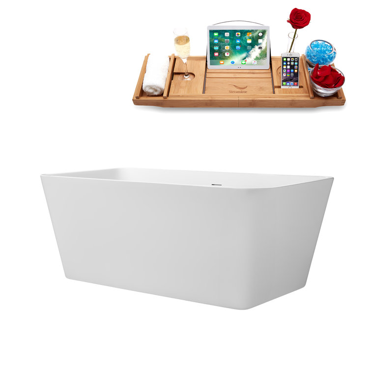 59" Glossy White Acrylic Freestanding Soaking Tub with Bamboo Tray