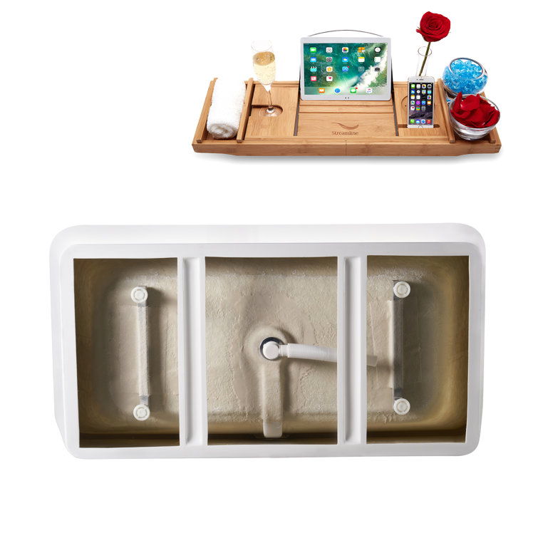 59" Glossy White Acrylic Freestanding Soaking Tub with Bamboo Tray