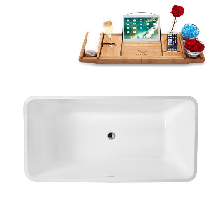 59" Glossy White Acrylic Freestanding Soaking Tub with Bamboo Tray