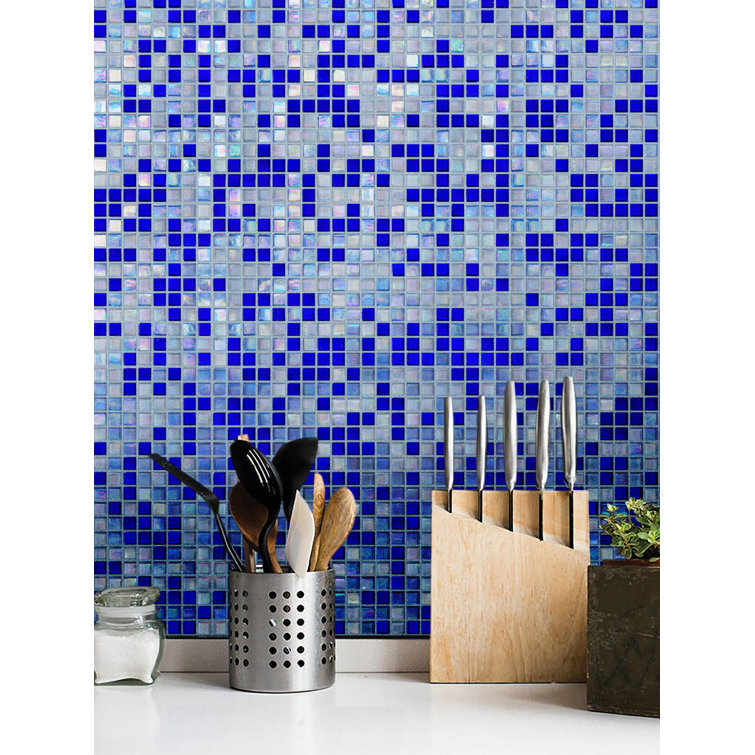 Royal Blue and White Iridescent Glass Mosaic Tile