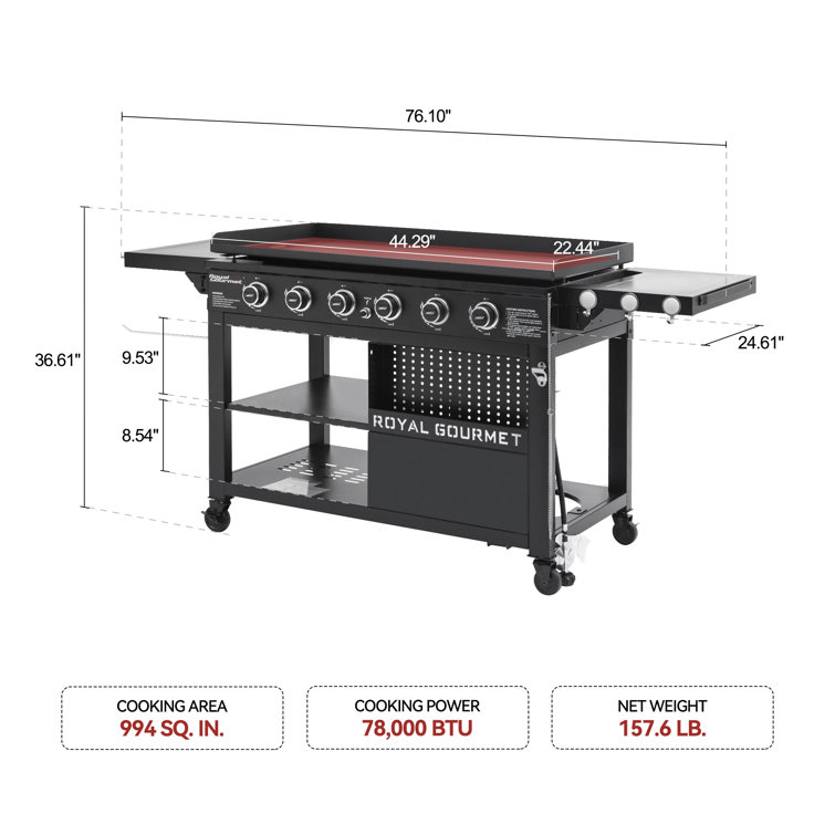 Royal Gourmet 44-Inch Black Stainless Steel 6-Burner Propane Gas Grill Griddle